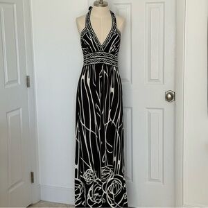 Elegant Black and White Halter Maxi Dress